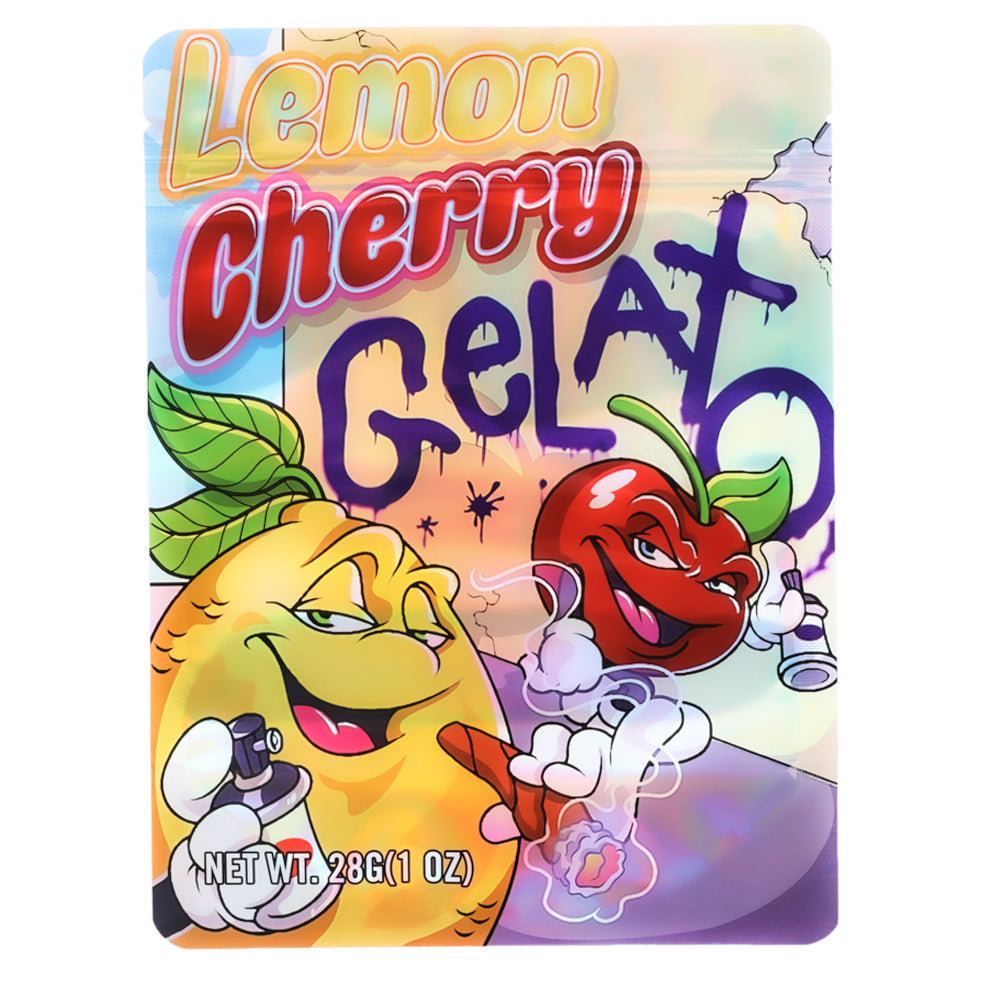 Large mylar bags, herb Mylar Bags, Mylar Bags 28 grams, Where to buy mylar bags, Custom mylar bags near me.  Colorful packaging of Lemon Cherry Gelato with cartoon characters on a white background