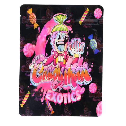 Mylar Bag Colorful packaging with a cartoon character and 'Candy Exotics' text on a black background