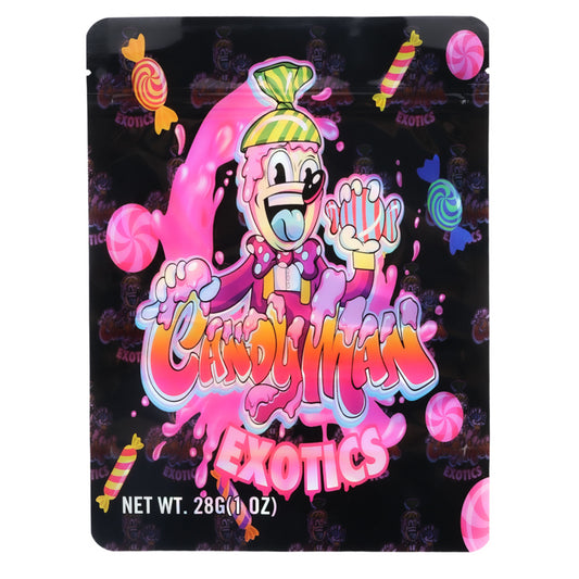 Mylar Bag Candy-themed product packaging with a cartoon character on a black background