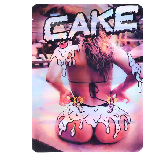 Large mylar bags, herb Mylar Bags, Mylar Bags 28 grams, Where to buy mylar bags, Custom mylar bags near me.  Person in a bikini with 'CAKE' text and cake graphics on a colorful background