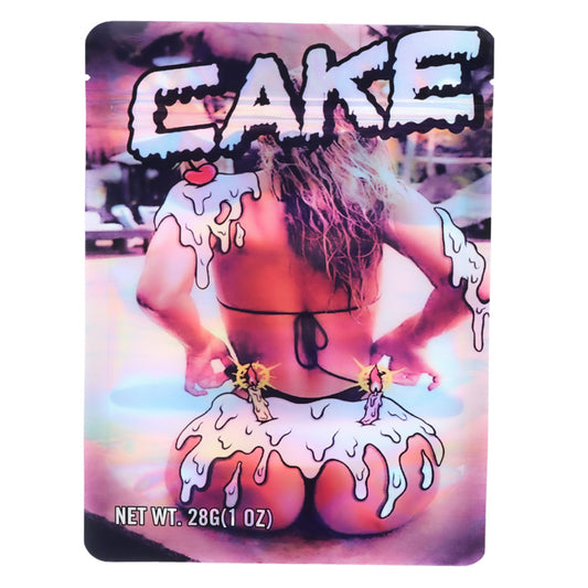 Large mylar bags, herb Mylar Bags, Mylar Bags 28 grams, Where to buy mylar bags, Custom mylar bags near me.  Product packaging with a stylized design of a person and the word 'CAKE' on a colorful background.