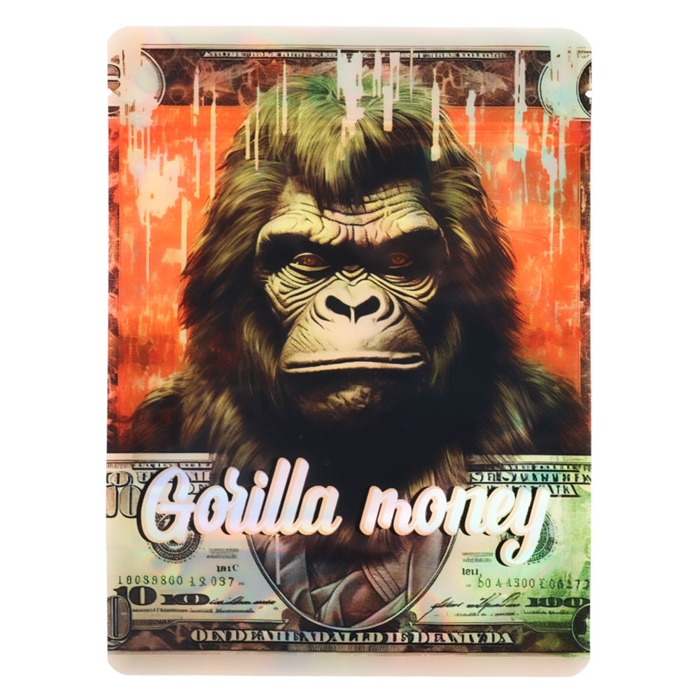 Large mylar bags, herb Mylar Bags, Mylar Bags 28 grams, Where to buy mylar bags, Custom mylar bags near me.  Gorilla-themed product with 'Gorilla money' text on a colorful background
