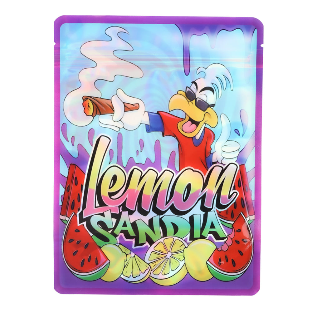 Mylar Bag Colorful packaging with a cartoon character and 'Lemon Sandia' text on a white background