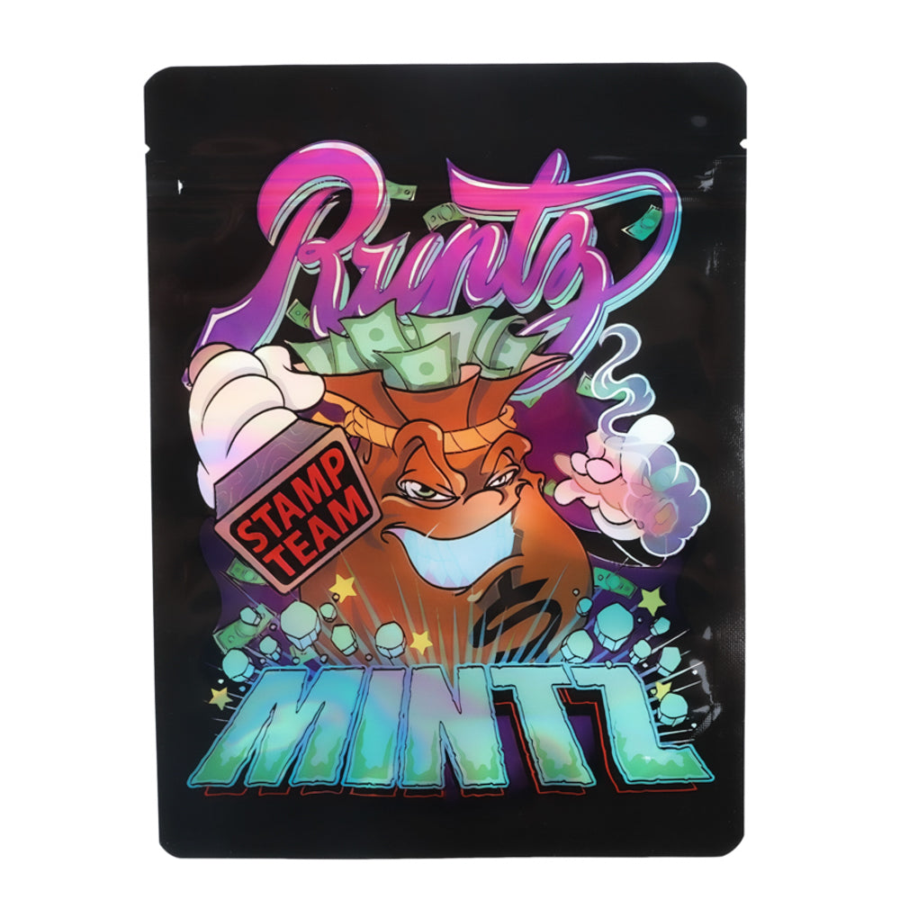 Mylar Bag Colorful packaging with a cartoon character and text on a black background