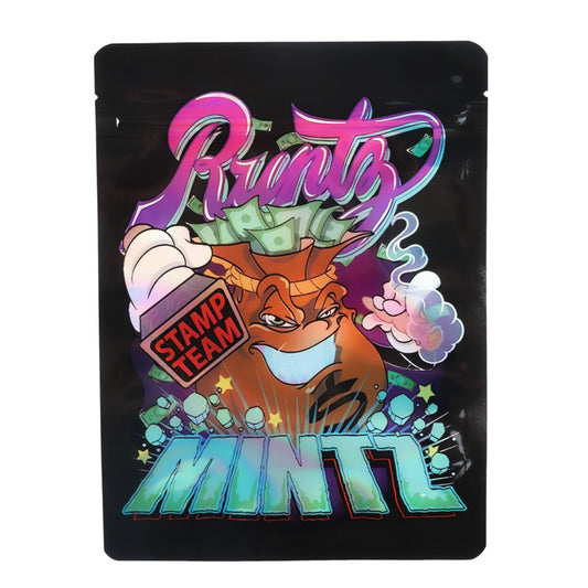 Mylar Bag Colorful packaging with a cartoon character and text on a black background