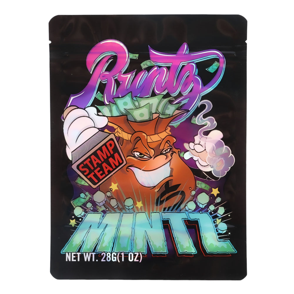 Mylar Bag Colorful packaging of Runtz Mintz with a cartoon character on a black background