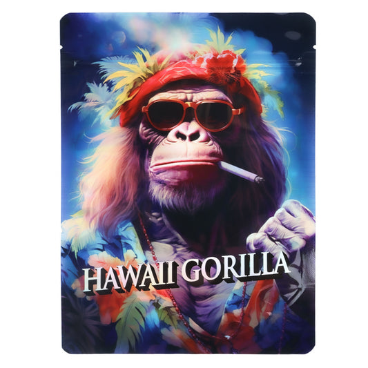 Mylar Bag Colorful graphic of a gorilla wearing sunglasses and a headdress with 'Hawaii Gorilla' text.