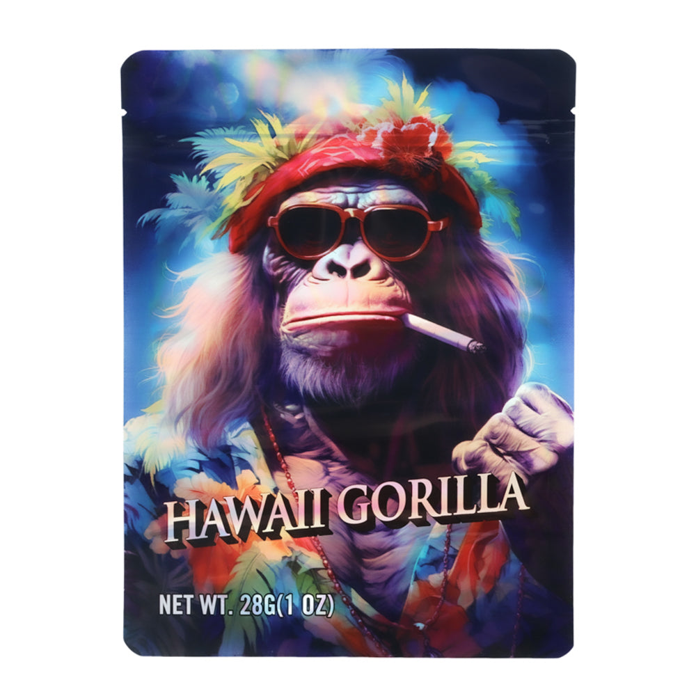 Mylar Bag Packaging of Hawaii Gorilla with a colorful monkey design and text.