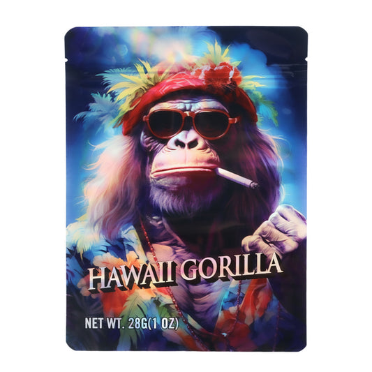 Mylar Bag Packaging of Hawaii Gorilla with a colorful monkey design and text.