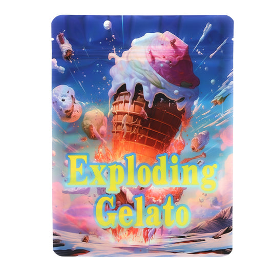 Large mylar bags, herb Mylar Bags, Mylar Bags 28 grams, Where to buy mylar bags, Custom mylar bags near me.  Colorful ice cream cone with 'Exploding Gelato' text against a vibrant background