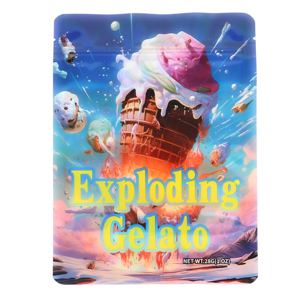 Large mylar bags, herb Mylar Bags, Mylar Bags 28 grams, Where to buy mylar bags, Custom mylar bags near me.  Colorful packaging of 'Exploding Gelato' with ice cream graphics on a white background