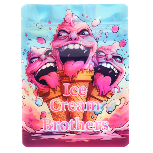 Large mylar bags, herb Mylar Bags, Mylar Bags 28 grams, Where to buy mylar bags, Custom mylar bags near me.  Cartoon ice cream characters with 'Ice Cream Brothers' text on a colorful background