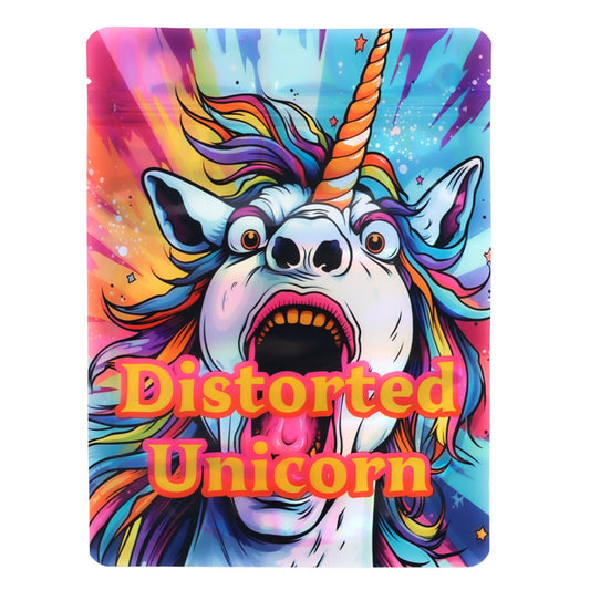 Mylar Bag Colorful unicorn with a distorted expression on a vibrant background, featuring the text 'Distorted Unicorn'.