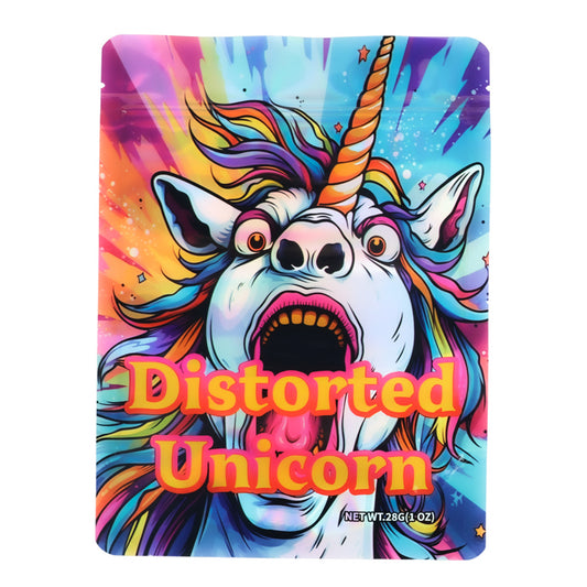 Mylar Bag Colorful packaging with a unicorn design and 'Distorted Unicorn' text on a white background