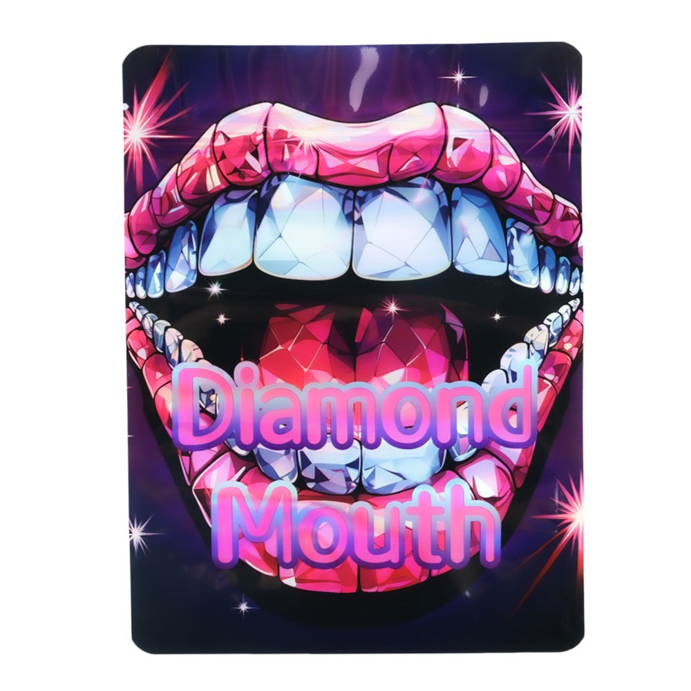 Mylar Bag Illustration of a mouth with diamond-studded teeth and 'Diamond Mouth' text on a dark background