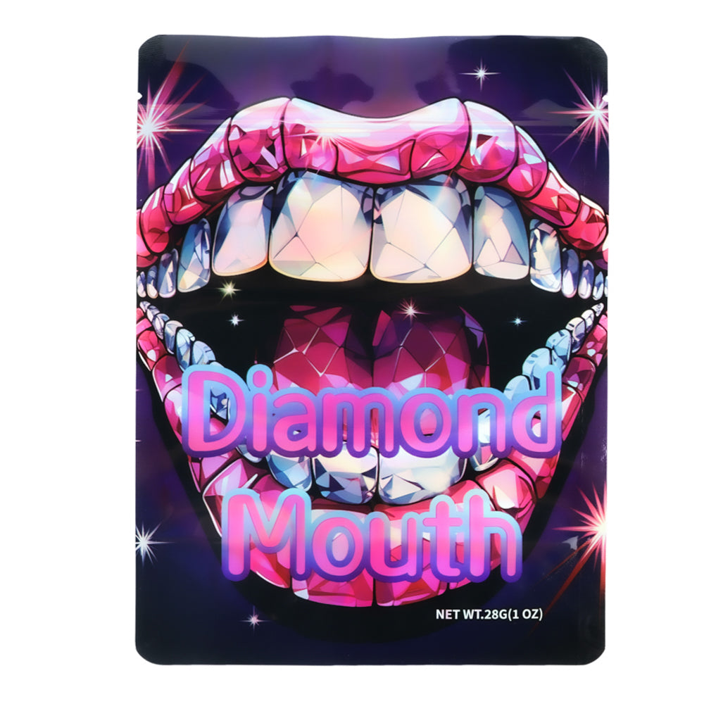 Mylar Bag Product packaging with a design of diamond-studded lips and the text 'Diamond Mouth' on a dark background.