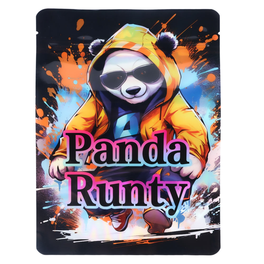 Large mylar bags, herb Mylar Bags, Mylar Bags 28 grams, Where to buy mylar bags, Custom mylar bags near me.  Panda character in a colorful hoodie with 'Panda Runty' text on a dynamic background