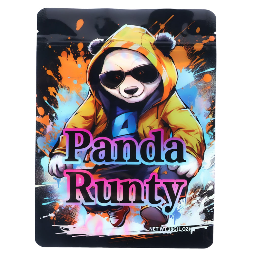 Large mylar bags, herb Mylar Bags, Mylar Bags 28 grams, Where to buy mylar bags, Custom mylar bags near me.  Panda Runty product packaging with colorful design and bear illustration.