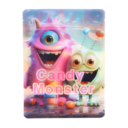 Mylar Bag Colorful candy monster packaging with 'Candy Monster' text on a white background