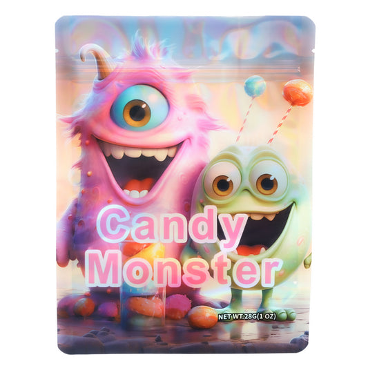 Mylar Bag Candy Monster packaging with two colorful monsters on a pastel background