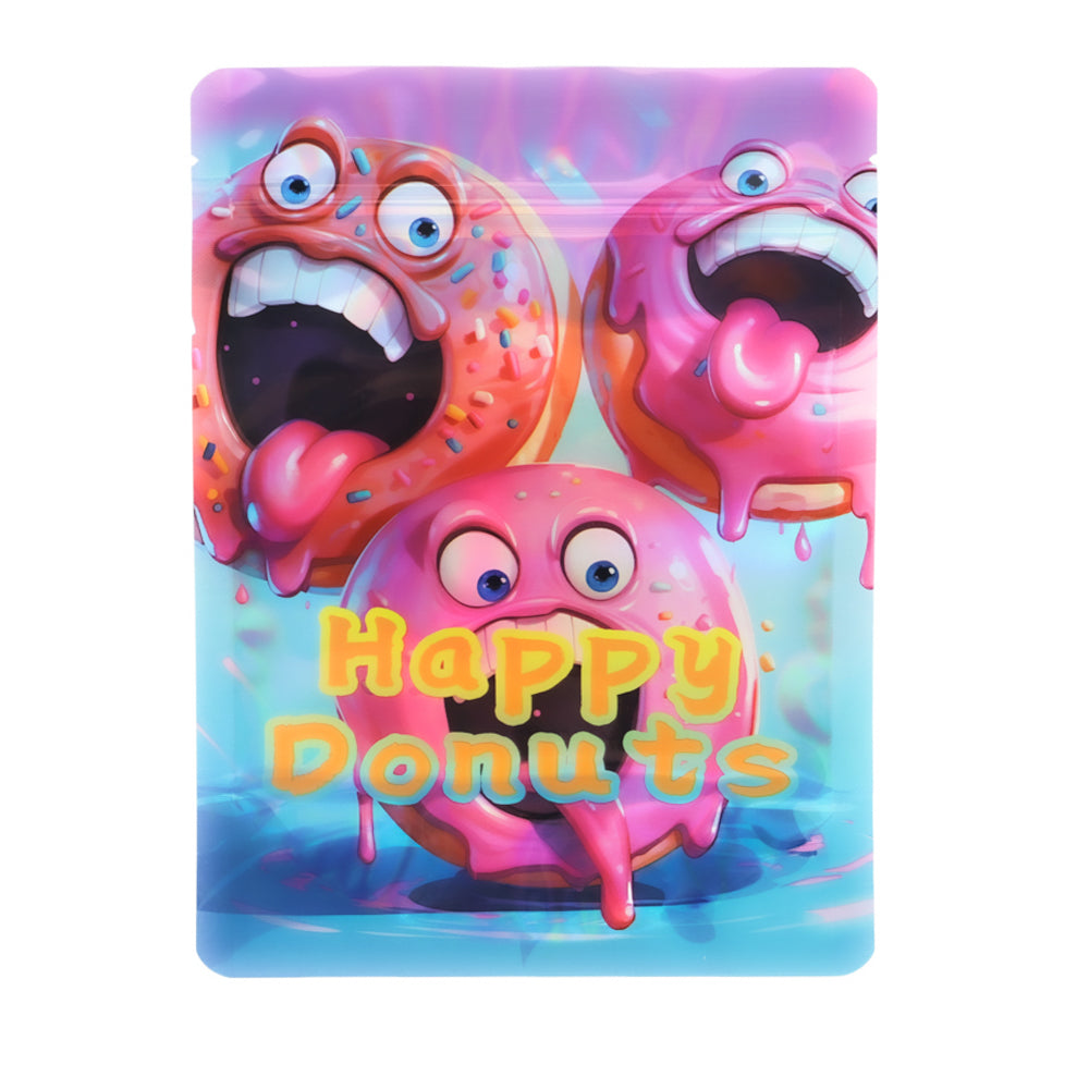 Mylar Bag Cartoon donuts with a 'Happy Donuts' text on a colorful background