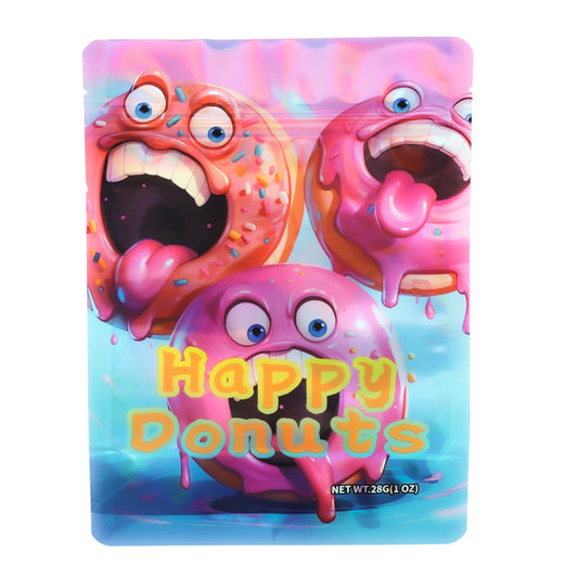 Mylar Bag Colorful packaging of 'Happy Donuts' with cartoonish donut characters on a white background.