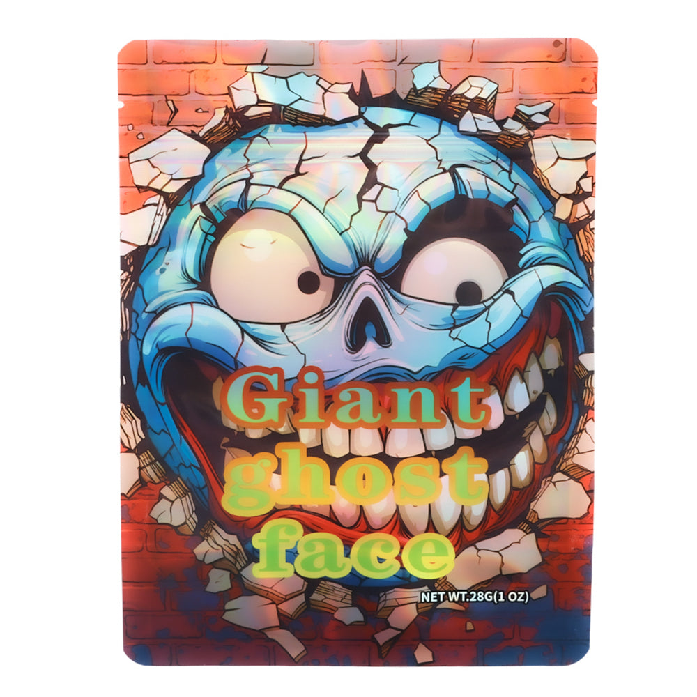 Mylar Bag Colorful packaging with a cartoonish ghost face design and text 'Giant ghost face'.