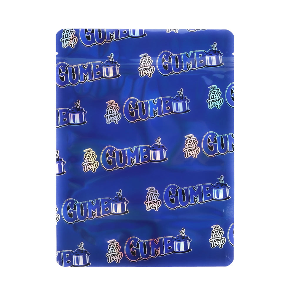 Mylar Bag Blue blanket with 'Gumbo' and 'Fly Trap' logos on a white background