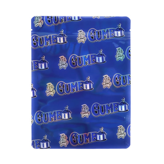 Mylar Bag Blue blanket with 'Gumbo' and 'Fly Trap' logos on a white background