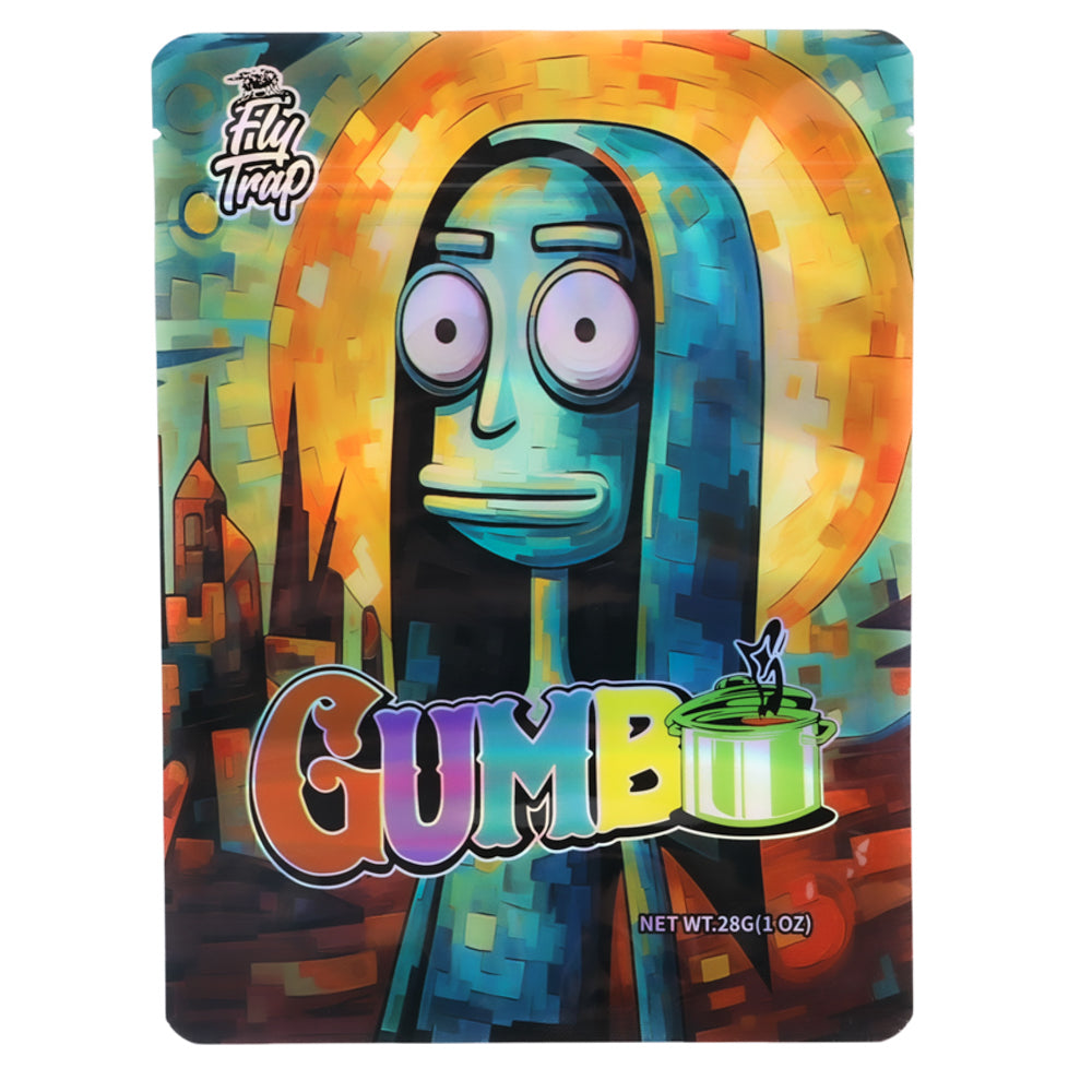 Mylar Bag Colorful packaging of Gumbo with a stylized character and 'Fifty Tramp' branding.