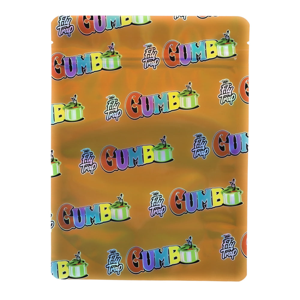 Mylar Bag Packaging with 'Gumbo' and 'Filly Trap' branding on a brown background