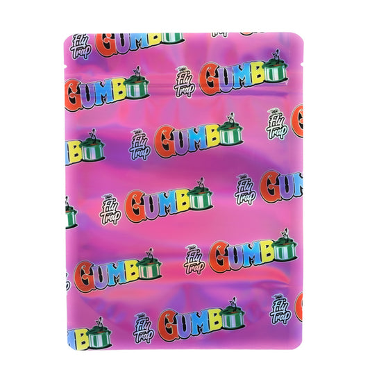 Large mylar bags, herb Mylar Bags, Mylar Bags 28 grams, Where to buy mylar bags, Custom mylar bags near me.  Colorful 'Gumbo' logo pattern on a pink background