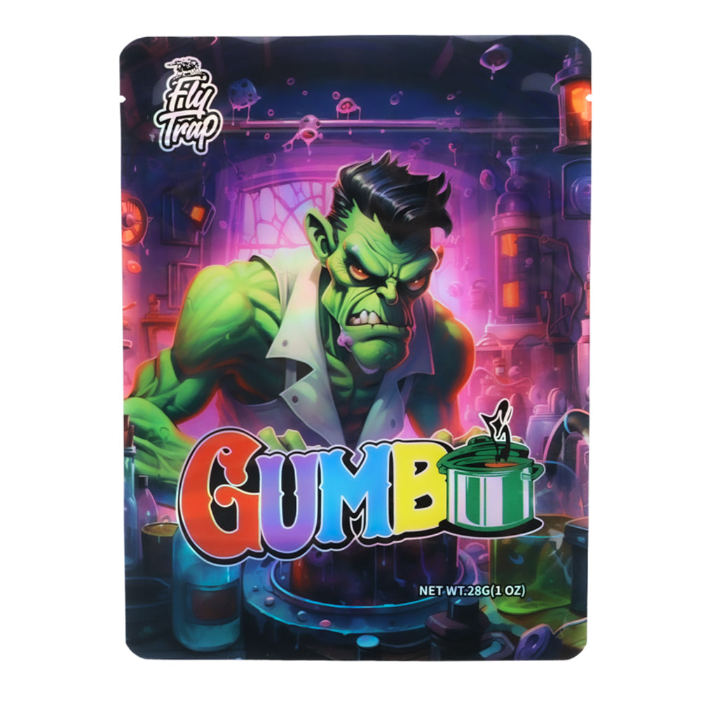 Large mylar bags, herb Mylar Bags, Mylar Bags 28 grams, Where to buy mylar bags, Custom mylar bags near me.  Gumball machine packaging with a green character and colorful design