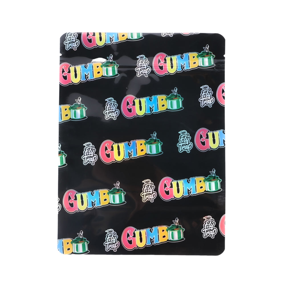 Mylar Bag Black surface with colorful 'Gumbo' text and logo pattern