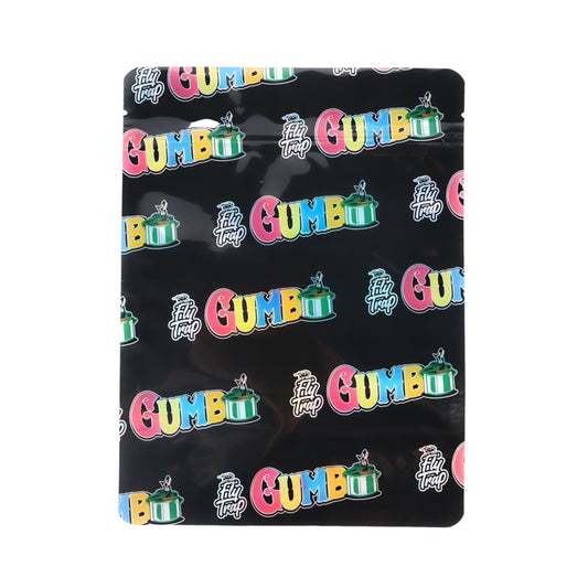 Mylar Bag Black surface with colorful 'Gumbo' text and logo pattern
