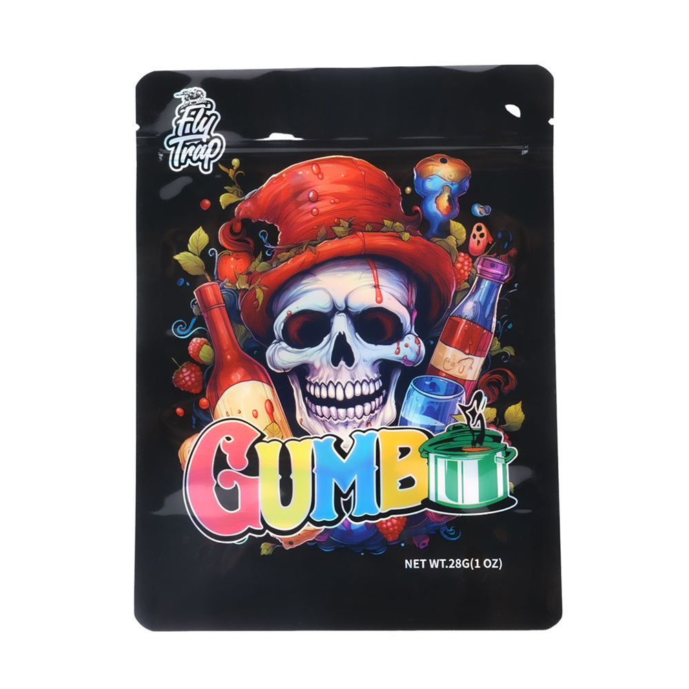 Mylar Bag Gummy candy package with a skull design and colorful text on a black background