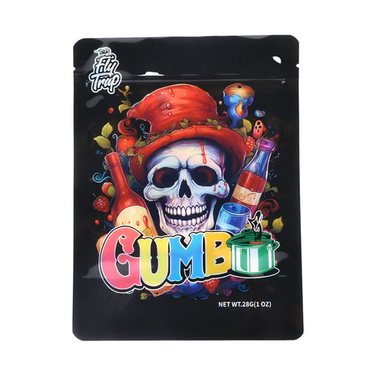 Mylar Bag Gummy candy package with a skull design and colorful text on a black background