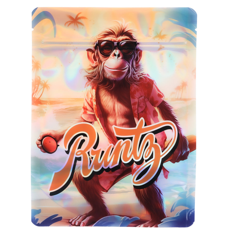 Large mylar bags, herb Mylar Bags, Mylar Bags 28 grams. Cartoon monkey character with sunglasses and 'Runts' logo against a colorful beach background