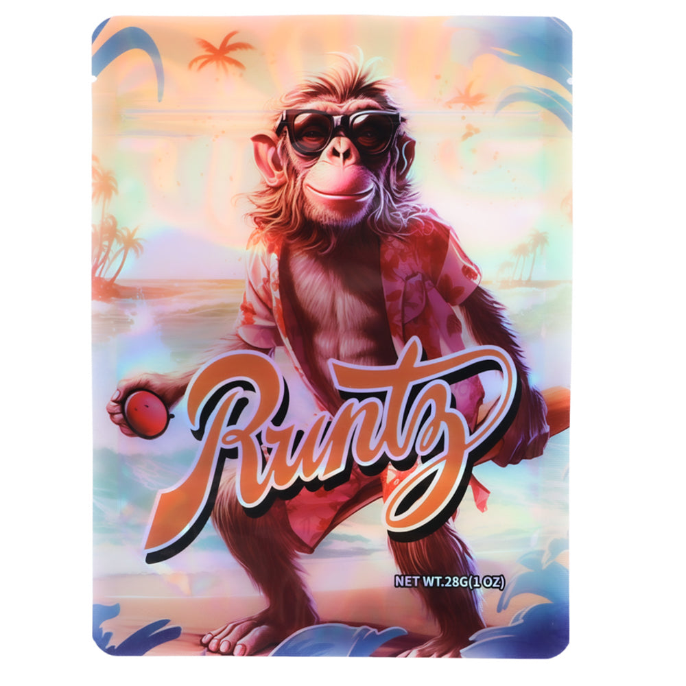 Packaging of a Mylar Bag 28G product featuring a monkey character with sunglasses and the brand name 'Runtz' on a colorful background.