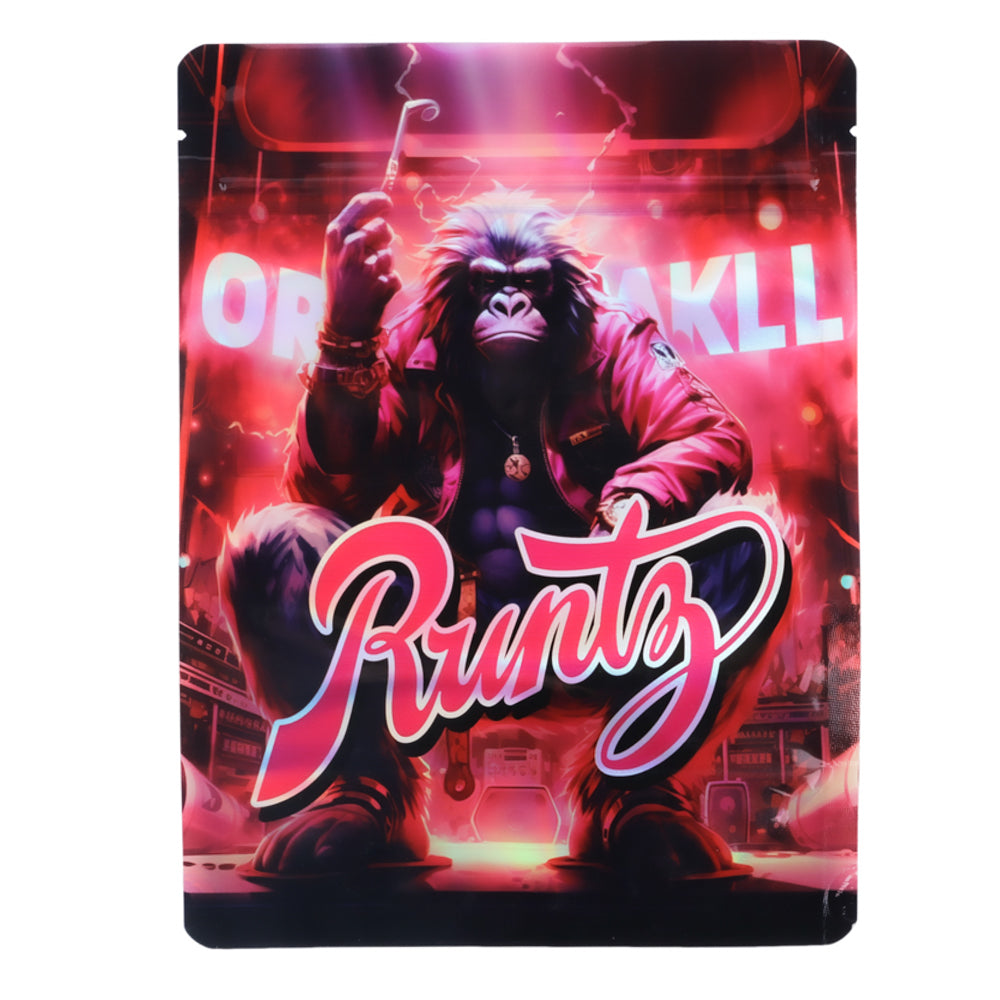 Large mylar bags, herb Mylar Bags, Mylar Bags 28 grams. Gorilla character on a colorful background with 'Runtz' branding
