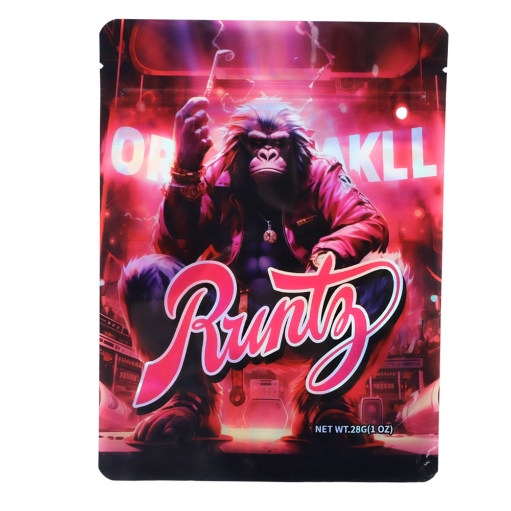 Large mylar bags, herb Mylar Bags, Mylar Bags 28 grams. Drug packaging with a monkey graphic and vibrant colors on a white background