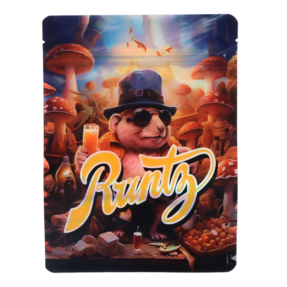 Large mylar bags, herb Mylar Bags, Mylar Bags 28 grams. Product packaging with a cartoon character and 'Runtz' branding in a colorful setting.