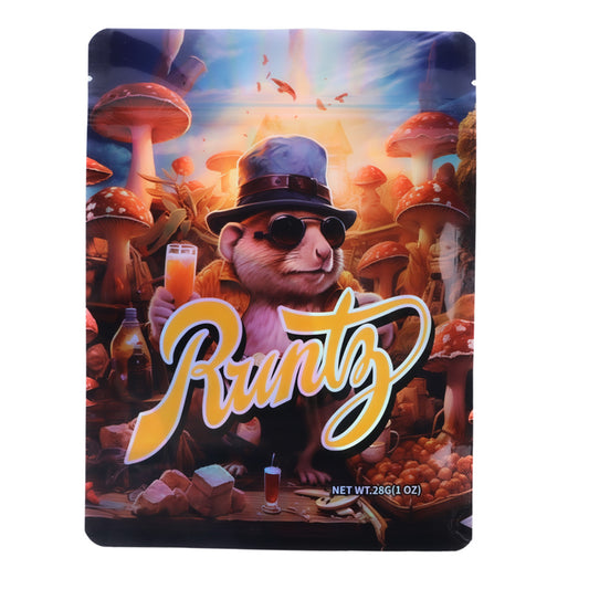 Large mylar bags, herb Mylar Bags, Mylar Bags 28 grams. Runtz herb product packaging with a cartoon character and mushroom-themed background