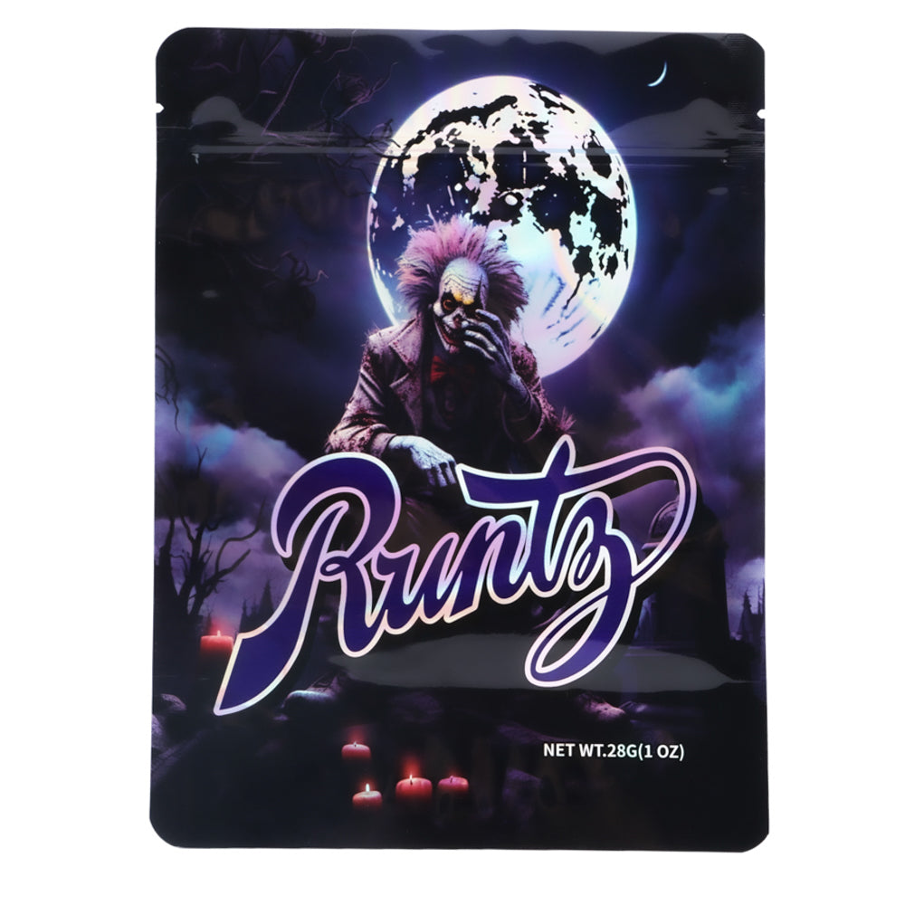 Large mylar bags, herb Mylar Bags, Mylar Bags 28 grams, Where to buy mylar bags, Custom mylar bags near me.  Runtz product packaging with a character and moonlit background