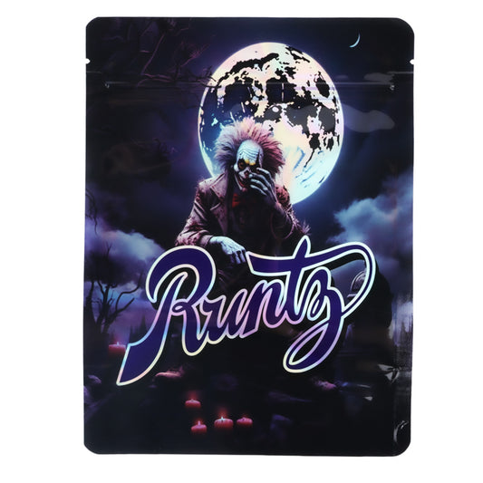 Large mylar bags, herb Mylar Bags, Mylar Bags 28 grams. Packaging with a character in a hooded outfit and 'Runtz' branding against a moonlit night sky.
