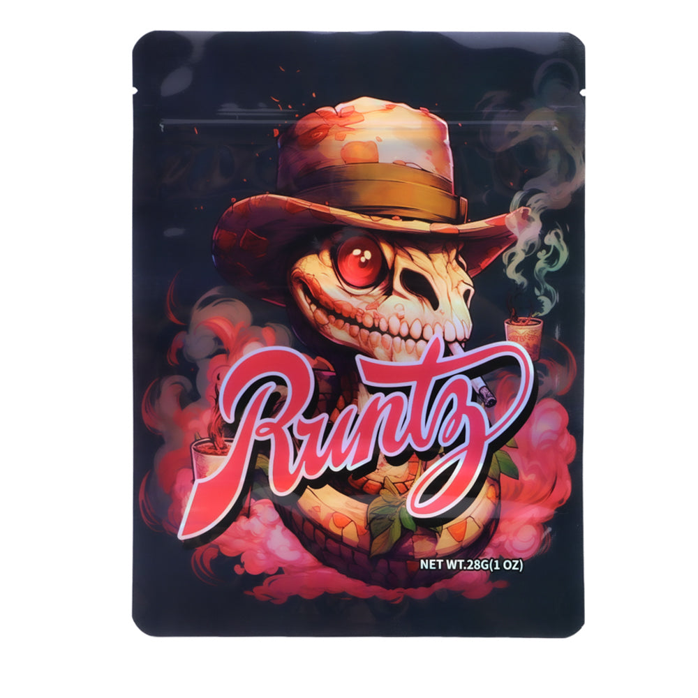 Large mylar bags, herb Mylar Bags, Mylar Bags 28 grams, Where to buy mylar bags, Custom mylar bags near me.  Runtz herb packaging with a skull wearing a hat and smoking a joint on a dark background.