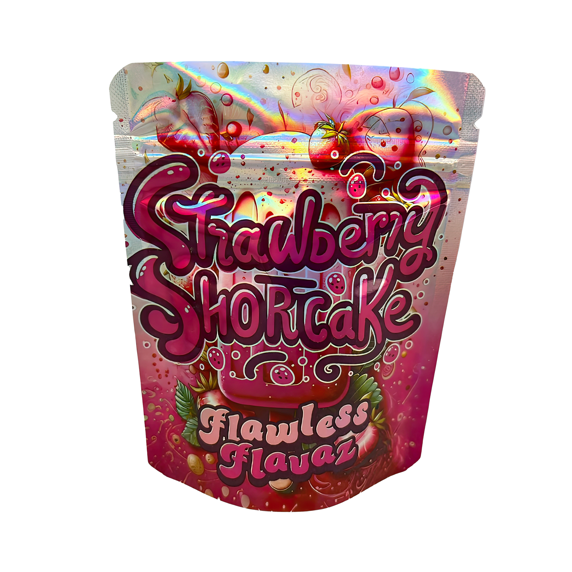 3.5G Mylar Bags, herb Mylar Bags, Where to buy mylar bags, Custom mylar bags near me, Mylar Bags Wholesale. Colorful packaging of Strawberry Shortcake with vibrant pink and multicolor design on a white background