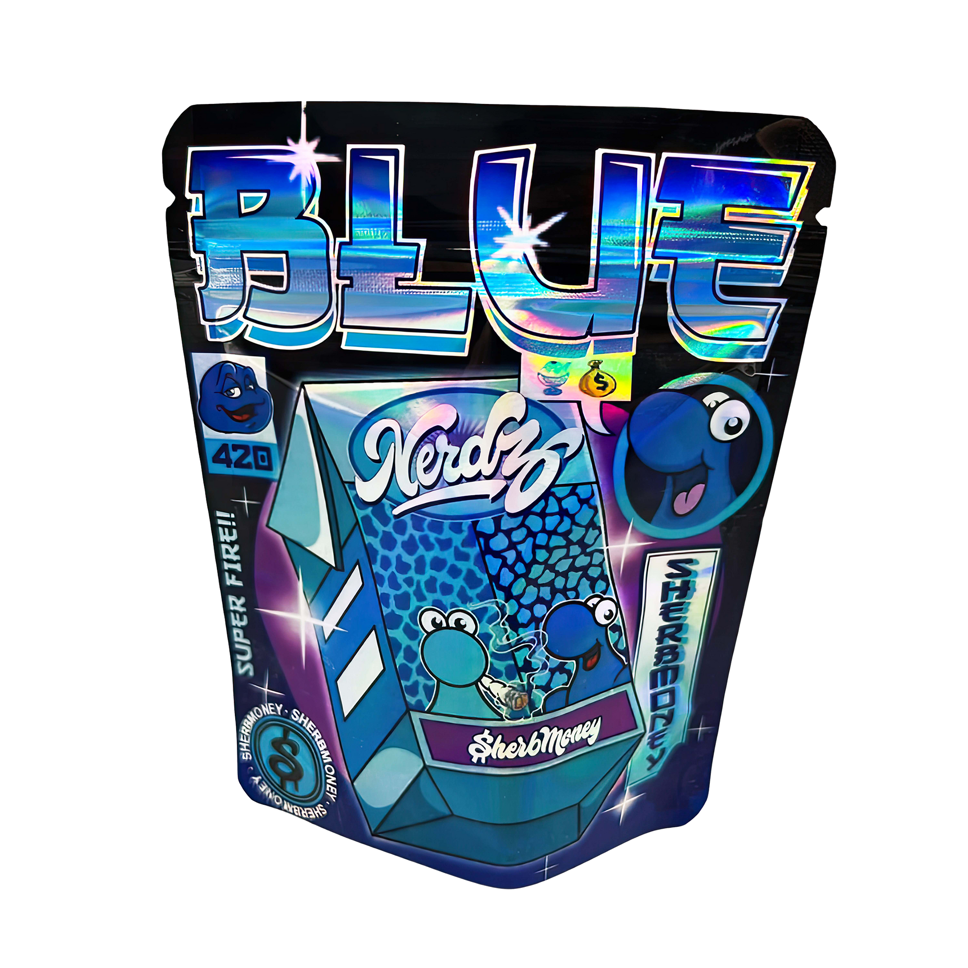 3.5G Mylar Bags, herb Mylar Bags, Where to buy mylar bags, Custom mylar bags near me, Mylar Bags Wholesale. Blue candy package with colorful text and graphics on a white background