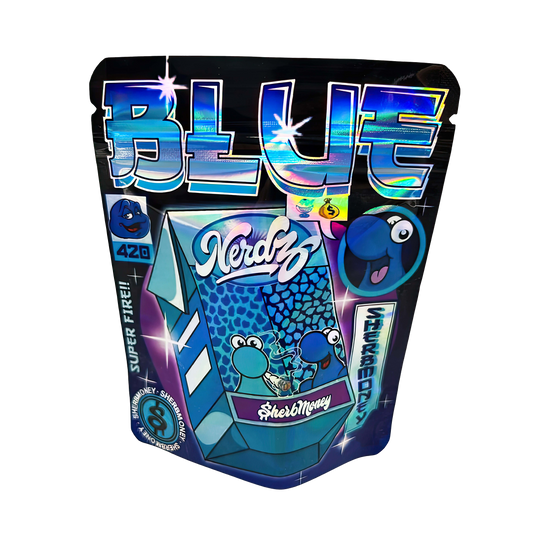 3.5G Mylar Bags, herb Mylar Bags, Where to buy mylar bags, Custom mylar bags near me, Mylar Bags Wholesale. Blue candy package with colorful text and graphics on a white background