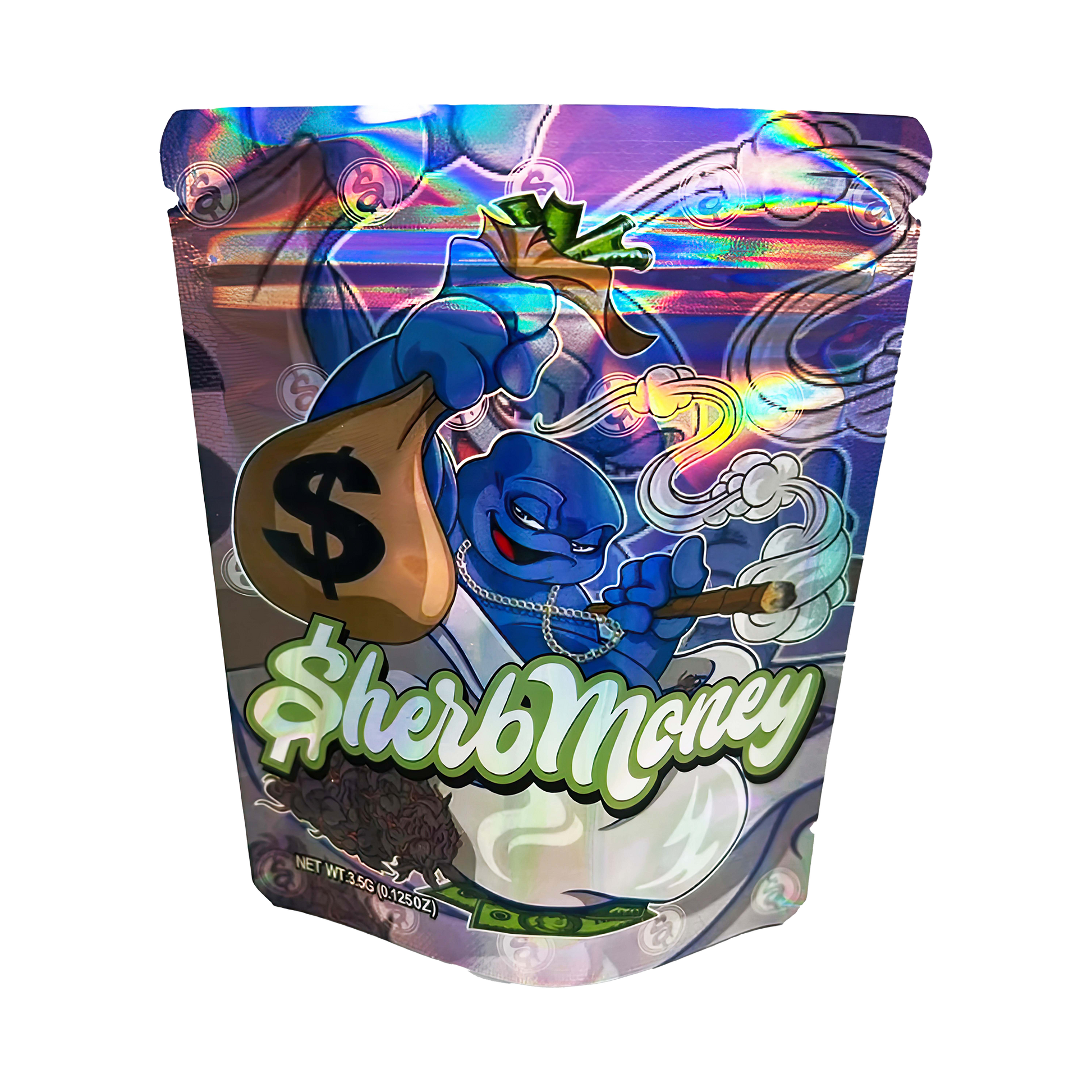 3.5G Mylar Bags, herb Mylar Bags, Where to buy mylar bags, Custom mylar bags near me, Mylar Bags Wholesale. Colorful packaging of 'Herb Money' with a cartoon character and dollar sign on a white background
